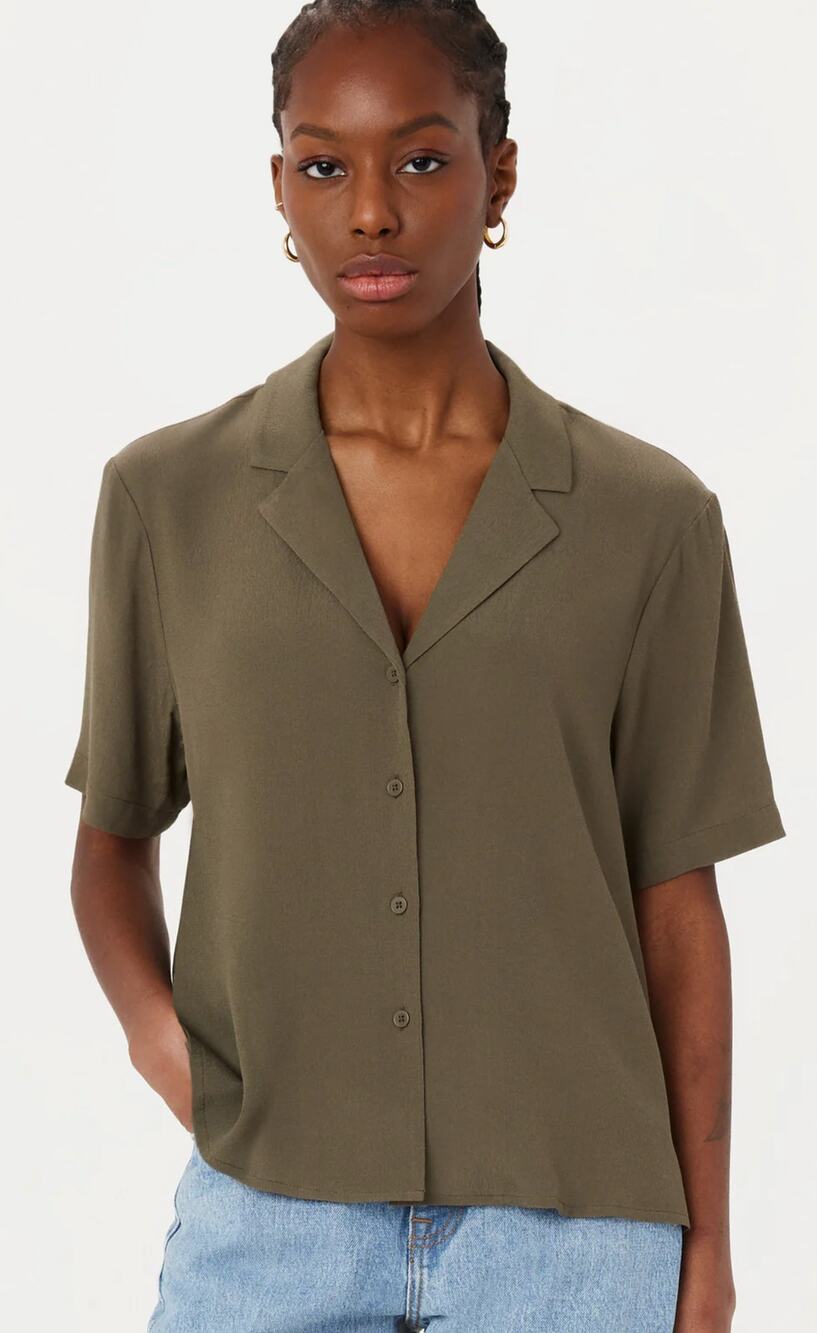 Frank And Oak The Camp Collar Blouse Dark Khaki Women XL New Short Sleeve Shirt